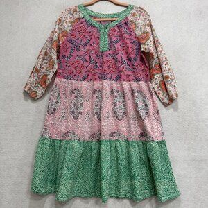 LulaSoul Dress Womens Small Multicolor Patchwork Cotton Boho Swing 3/4 Sleeve
